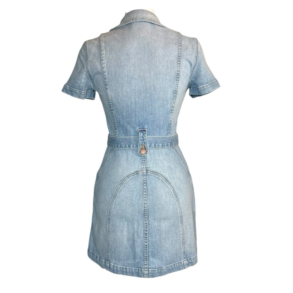Alice + Olivia Jeans Blue Denim Mini Dress Size 2 Zipper Front Pockets Belted - Picture 6 of 14